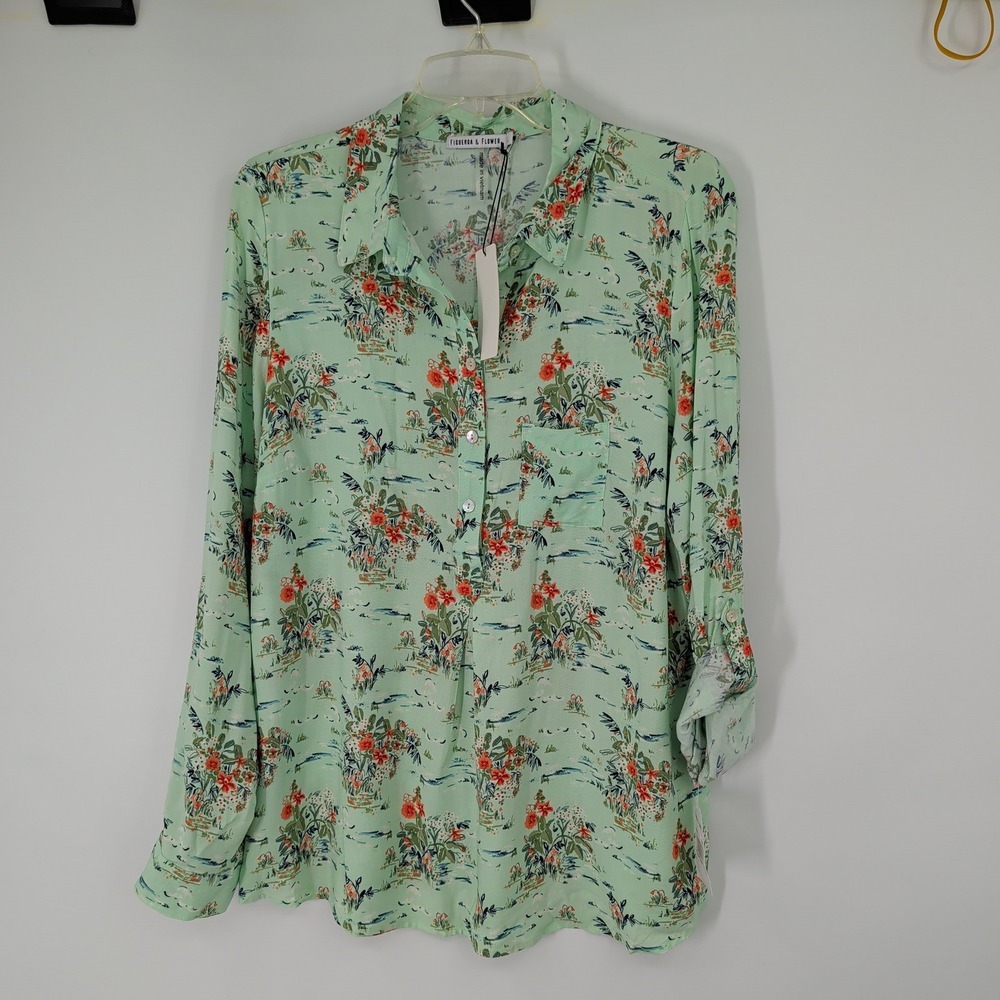 Figueroa & Flower Mint Green Tunic Floral Roll Tab Sleeve Blouse Shirt Large